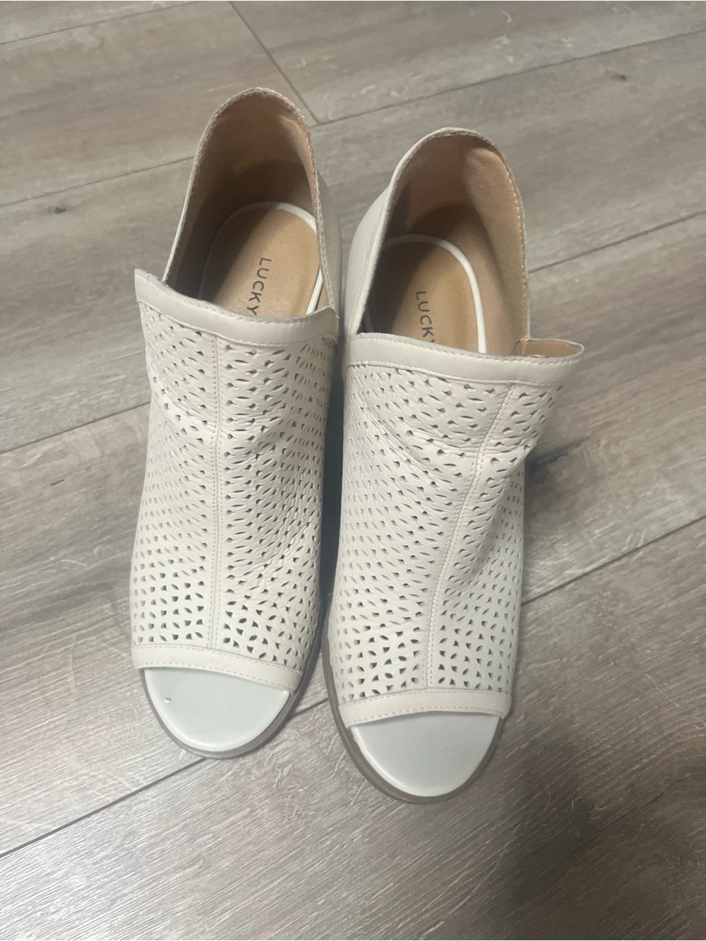 Lucky Brand Cream Perforated Peep-Toe Mules